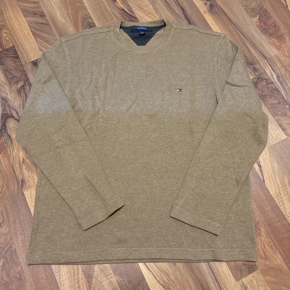 Tommy Hilfiger Sweater Mens XL Tan Camel Long Sleeve Crewneck Flag Logo Pullover